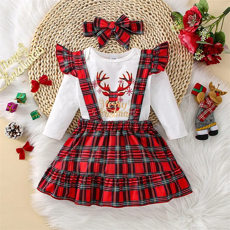 Toddler Baby's Clothes Girls Christmas Outfits Skirt Set Long Sleeve Elk Letters Print Romper Plaid Suspender Skirt Headband