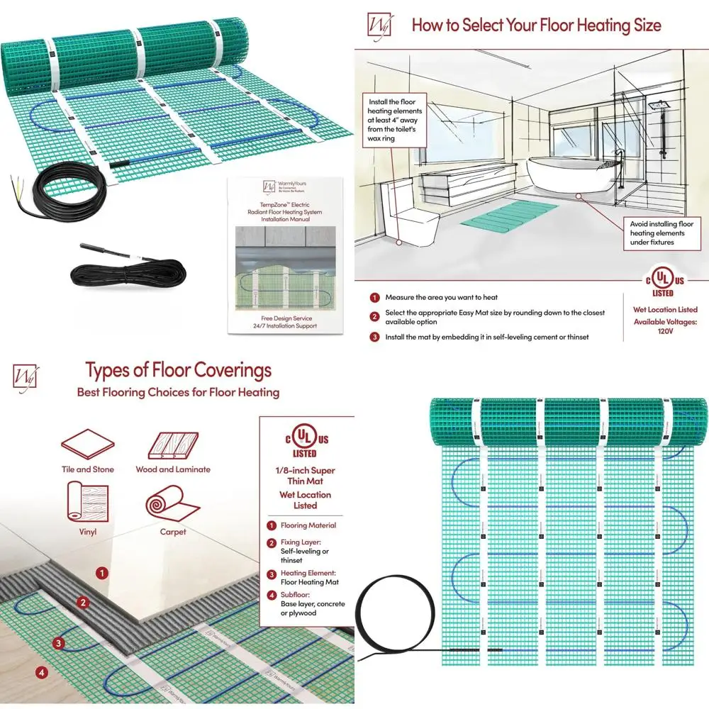 

Электрический излучающий коврик для подогрева пола — 3x8 футов, быстрое выравнивание тепла, идеально подходит для установки в полу