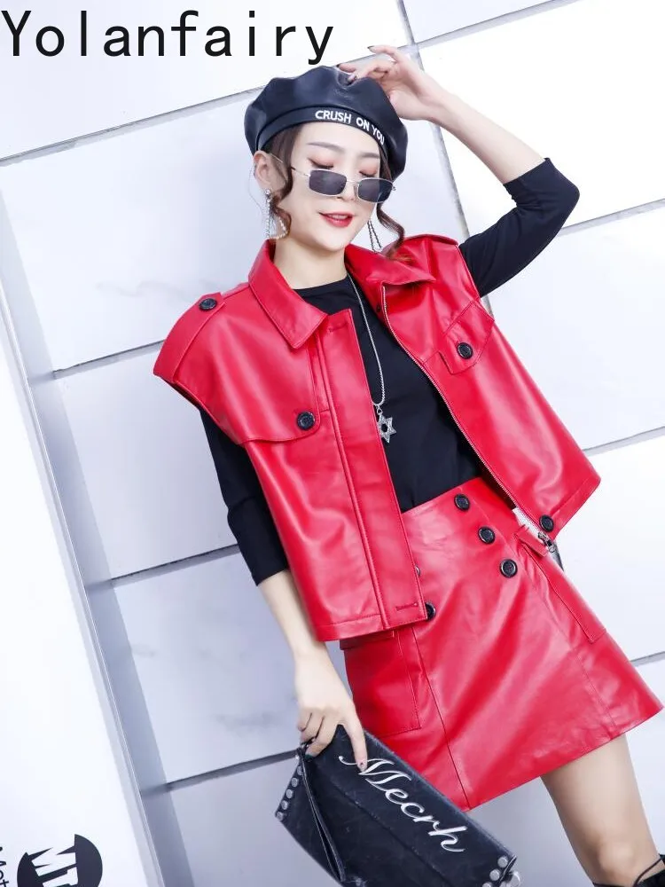 YOLANFAIRY 2026 Autumn New Women Genuine Sheepskin Red Vest Short Sleeveless Loose Korean Style Real Leather Waistcoat Outerwear