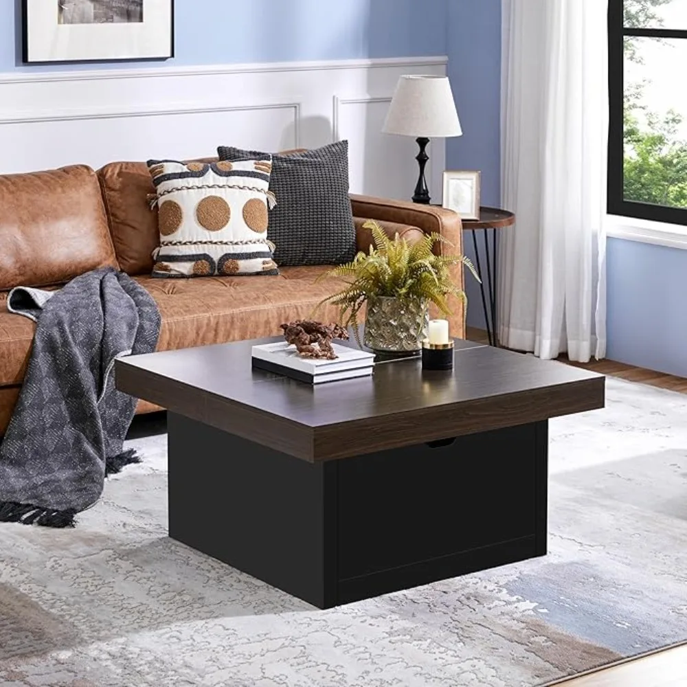 

Farmhouse Coffee Table with Hidden Storage Compartment, Black Square Coffee Table for Living Room, Wood Center Table