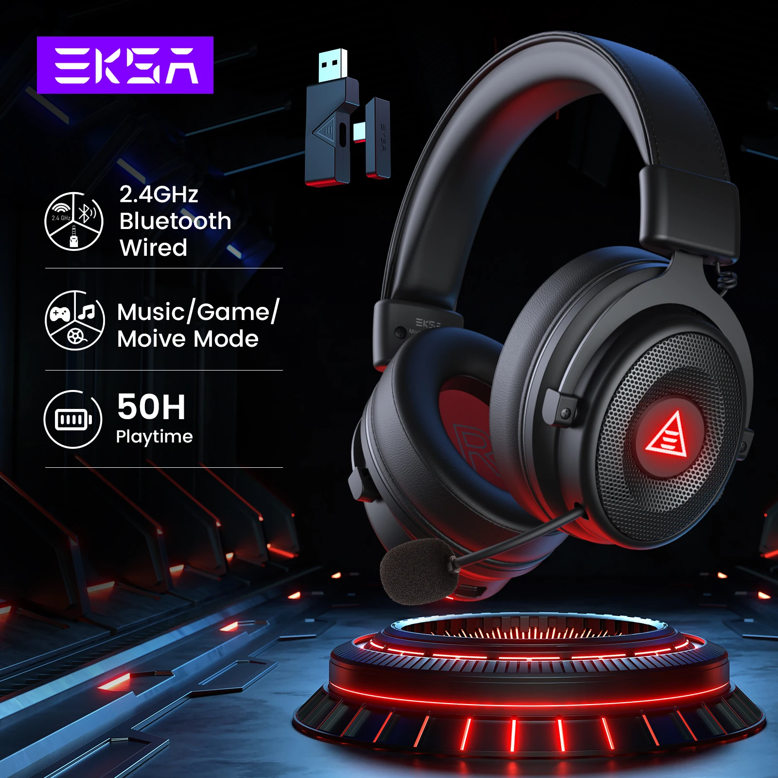 EKSA E900 BT 2.4GHz Wireless Bluetooth Headphones 7.1 USB/Type C Wired Gaming Headset Gamer with ENC Mic For PC/PS4/PS5/Xbox,50H