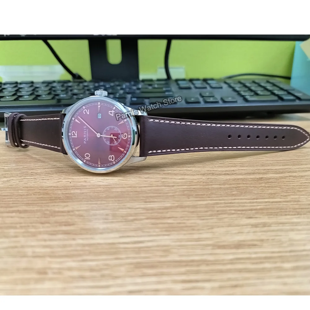 Parnis 41.5มม. นาฬิกาข้อมือแบบลำลองสำหรับผู้ชายสายหนังสีน้ำตาล