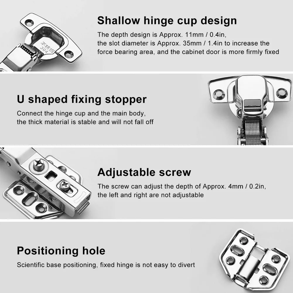 4Pcs Stainless Steel Cabinet Hinge 2.0mm Thickness Buffering Damping Soft Close Hinge Fixed Mount Full Overlay No