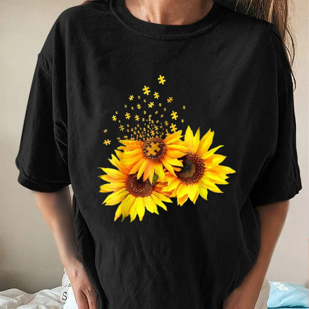 Seeyoushy Building Blocks Floral Print Crew Neck Fashion Women's Top Y2K Aesthetic Women's Clothing 2023 New Women's T-shirt 90s