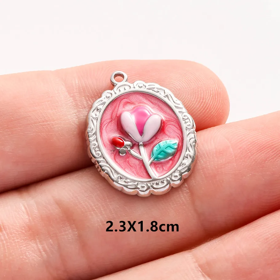 2 Stück Edelstahl-Anhänger mit blau-rosa Emaille, modischer Pflanzen-Charm, natürliche Perlenblumen-Anhänger für die Schmuckherstellung, Halsketten, Großhandel – Detail 16