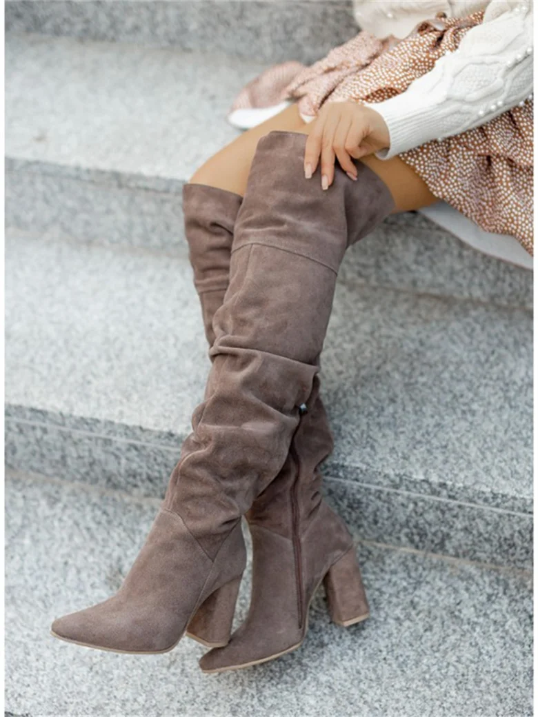 Women Boots Winter 2023 Designer Luxury High Heels Plus Size Women Shoes Faux Suede Elegant Pointed Lady Kover The Knee Boots