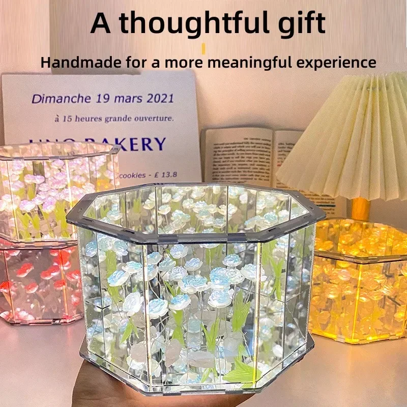 

New DIY Tulip Mirror Cube Lamp Three-Dimensional Nightlight Material Package Handmade Craft Birthday Gifts Led Tulip Night Light