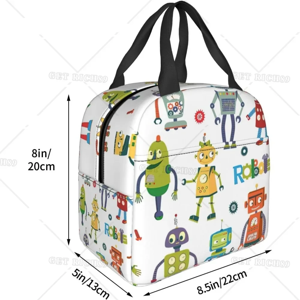 صندوق غداء معزول مطبوع عليه روبوتات كرتونية لطيفة للنساء والرجال، حقيبة غداء متينة خفيفة، حقيبة حمل محمولة للعمل المكتبي #3