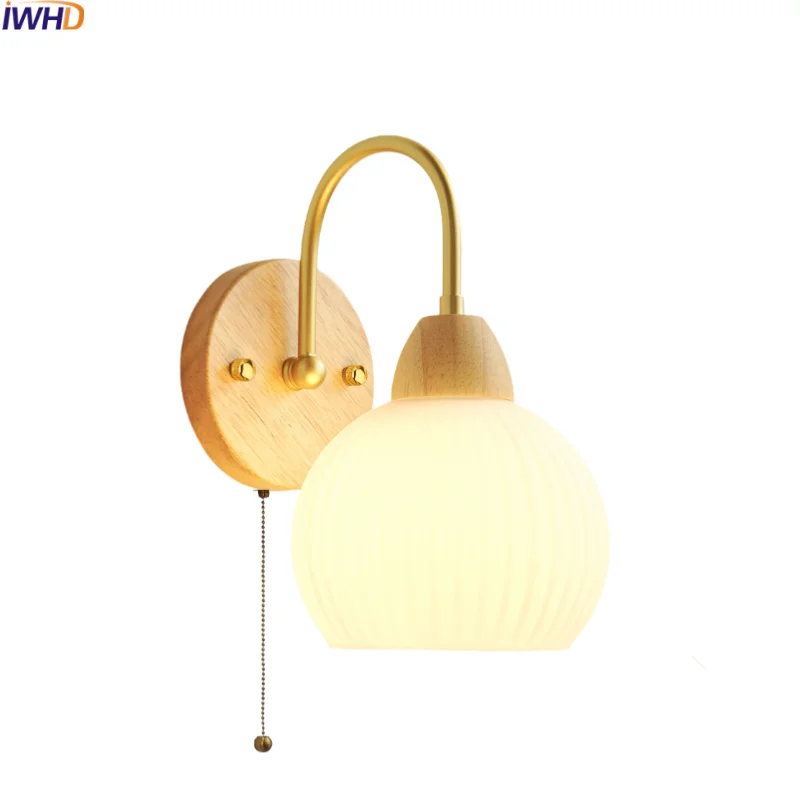 

IWHD Nordic Wooden LED Wall Lamp Sconce Pull Chain Switch Living Room Bedroom Balcony Modern Stair Light Fixtures Luminaria