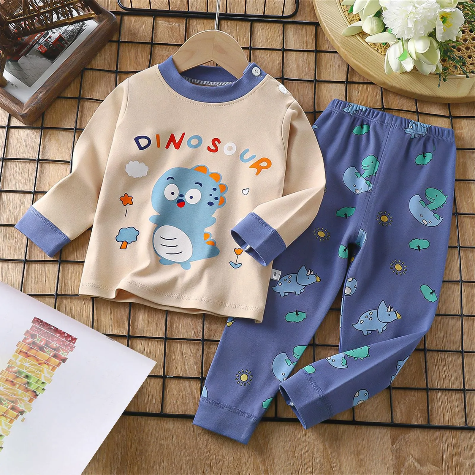 Cartoon Sleep Clothing Toddler Boys New Style Printed Home Wear Suits Girl Cotton Tops Pants Thin Round Neck Long Sleeve Pajamas