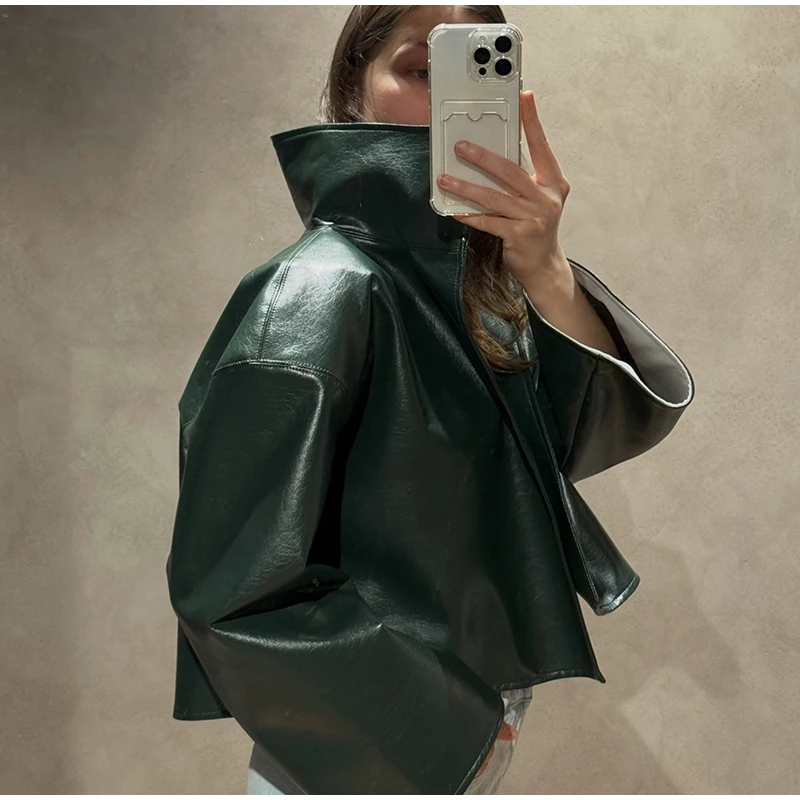 Women Waist Cinching Leather Jacket Solid Stand Neck Zipper Pocket Loose Jackets Lady New Vintage Fashion Street Outwear 2026