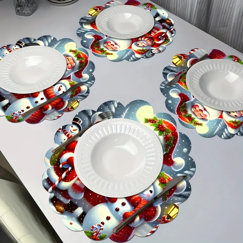 VIKAMA Round Scalloped Christmas Placemats Festive Snow Linen Mats Non-Slip Heat Resistant for Xmas Party Dining Table Decor