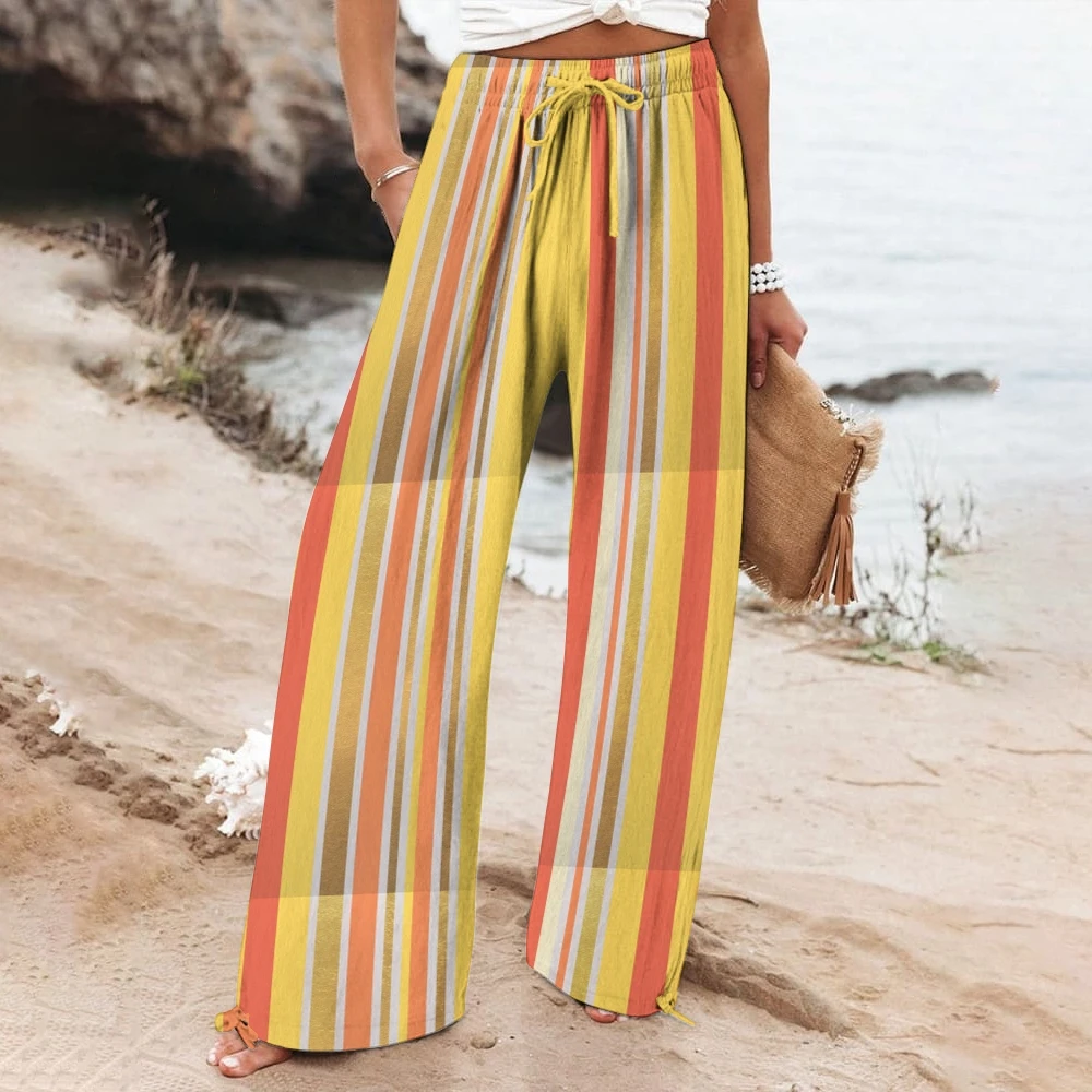 

Vertical Striped Drawstring Pants VersatileTropica Stripes Trousers Wide-Leg Stripes Wear Beach Vacation Straight Leg Pants