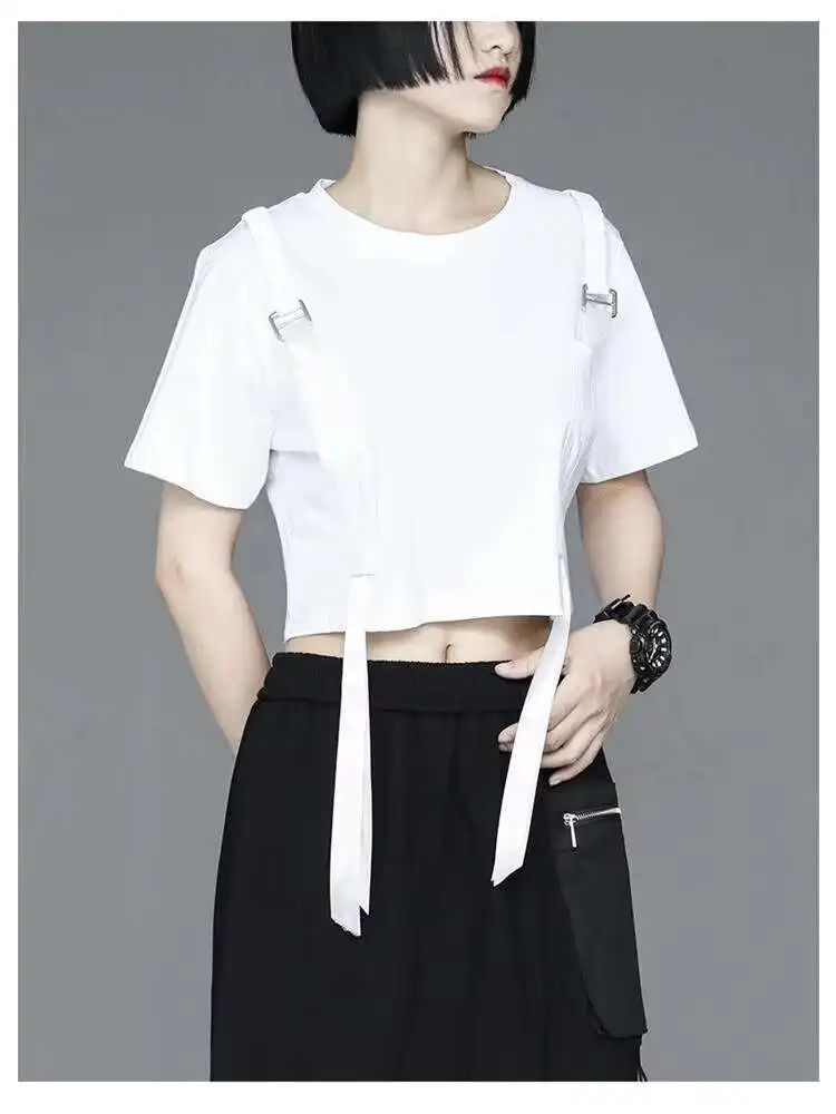 Women's Short Sleeve Summer New Motorcycle Style Ribbon Design Hip Hop Street Neck Half Sleeve T-Shirt