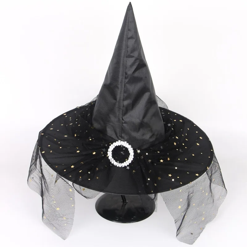 หมวกแม่มดพร้อมดีเทลหัวเข็มขัดผ้าทูลล์ลายดาว - อุปกรณ์เสริมเครื่องแต่งกายฮาโลวีนสำหรับคอสเพลย์และเครื่องประดับศีรษะสำหรับงานปาร์ตี้ธีมต่างๆ