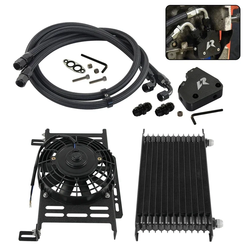 For GM Chevy V8 Engine LS1 LS2 LS3 TRUST Style  AN10 Universal 13 Row Oil Cooler + Oil lines Bracket Kit w/7\'\' Electric Fan Kit