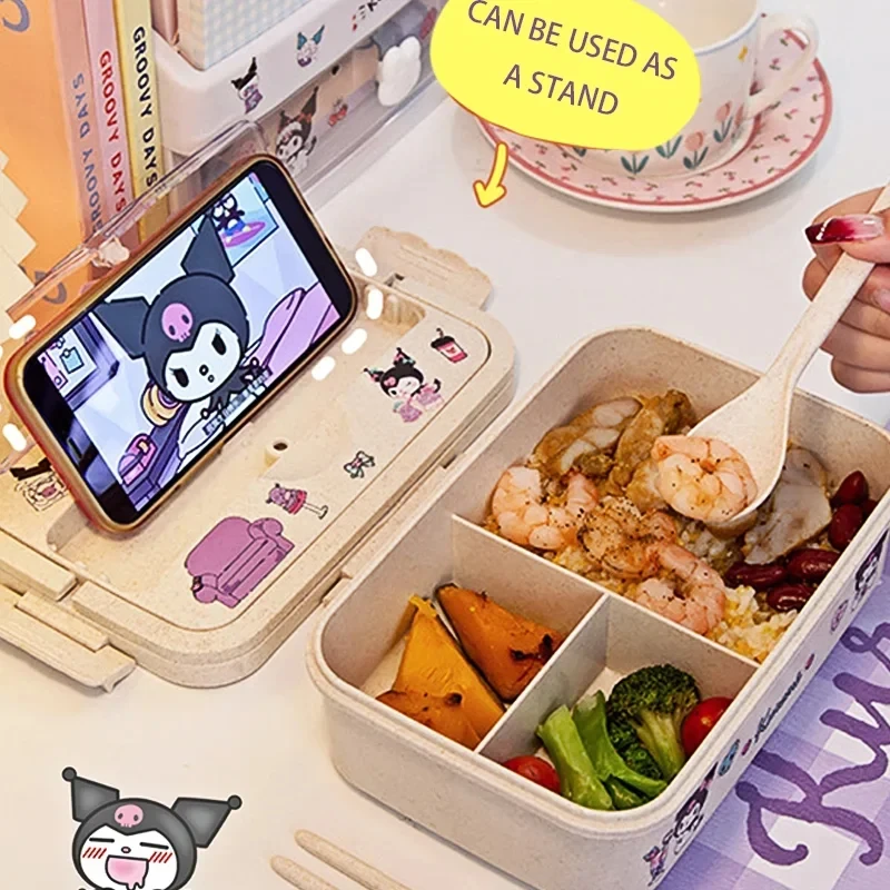 Sanrio Anime Wheat Straw Lunch Box Kuromi My Melody Heatable Lunch Box Student Large Capacity Compartment Eco-Friendly Lunch Box
