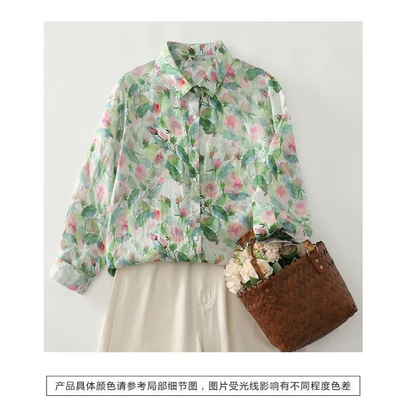 2025, Blatt-bedrucktes Hemd, französisches, lässiges, vielseitiges, dünnes, florales Damen-Knopf-Elegantes Oberteil