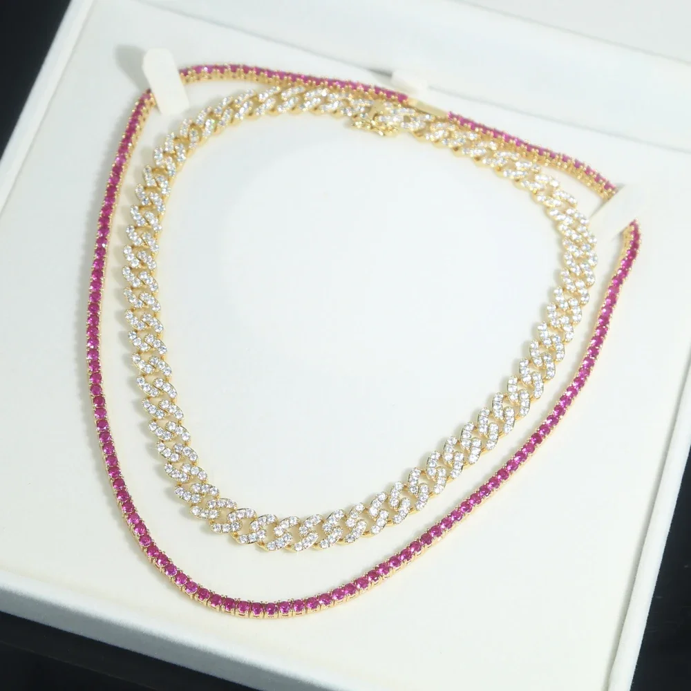 

2025 Iced Out 3mm Red Cz Paved Tennis Chain Long Necklace For Men Chunky Necklace Cubic Zircon Miami Cuban Link Chain Jewelry
