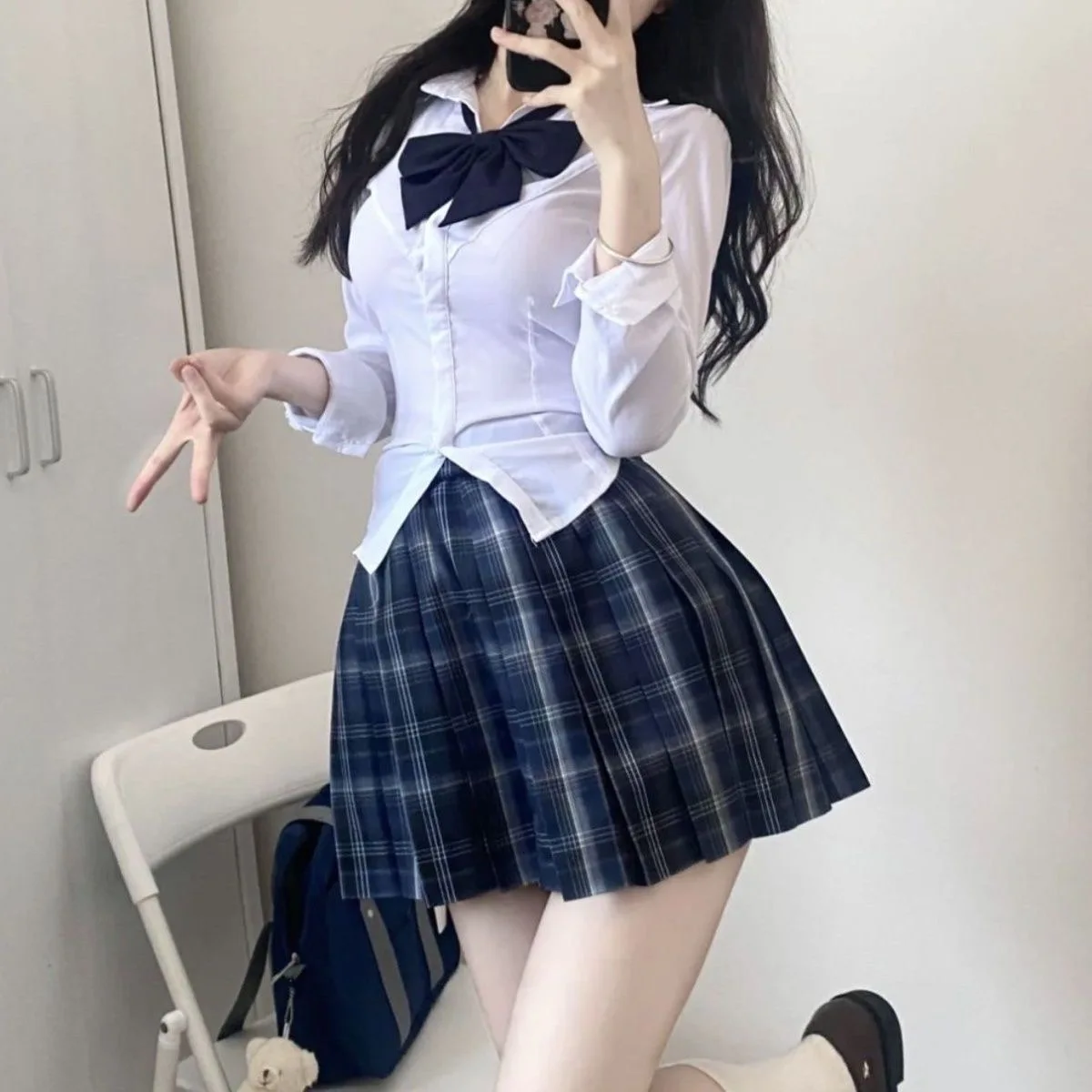 S-8xl plus size American Jk school uniform original uniform bow pleated skirt college style slim shirt high waist skirt suit