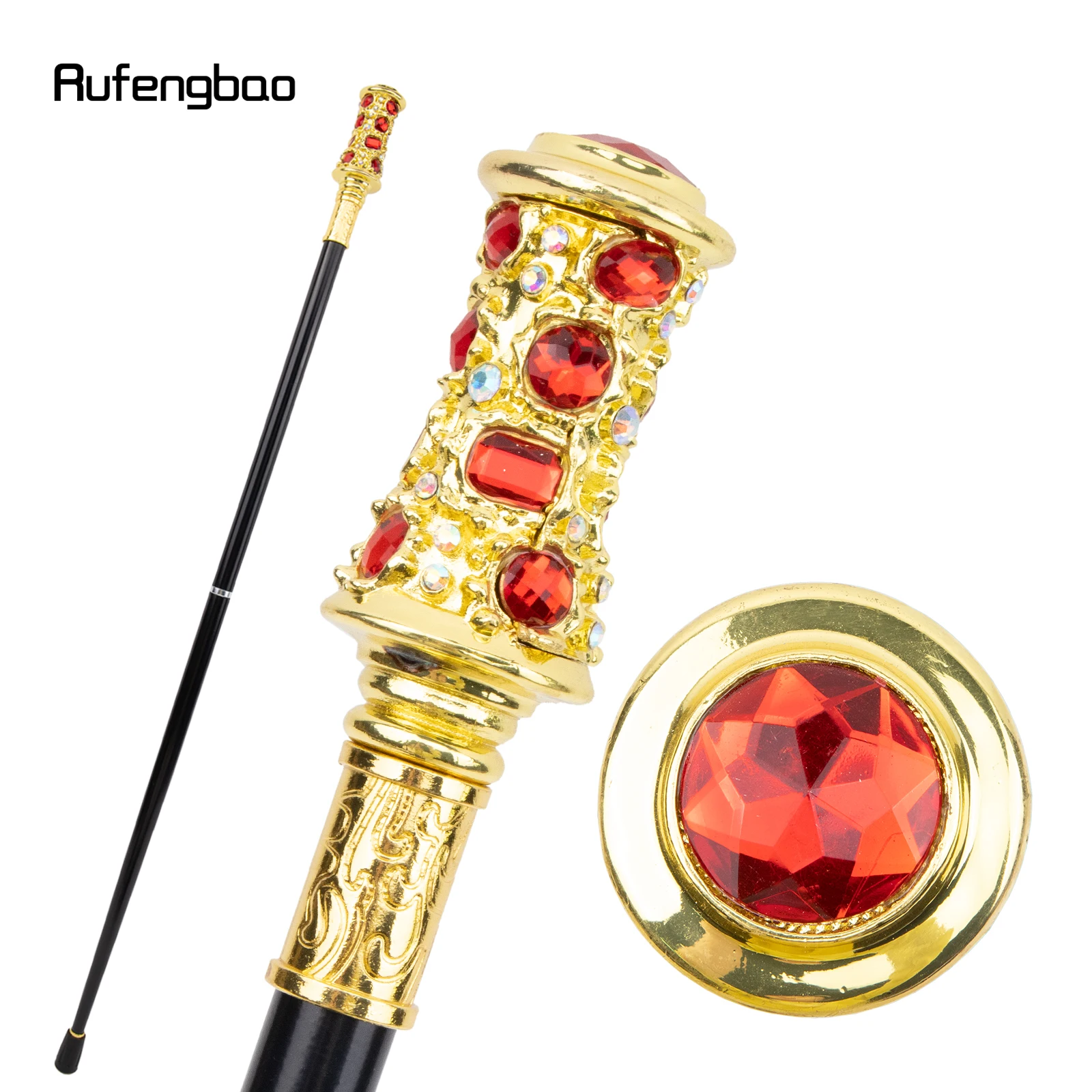 Golden Red Artificial Diamond Walking Cane Fashion Decorative Walking Stick Gentleman Elegant Cosplay Cane Knob Crosier 93cm