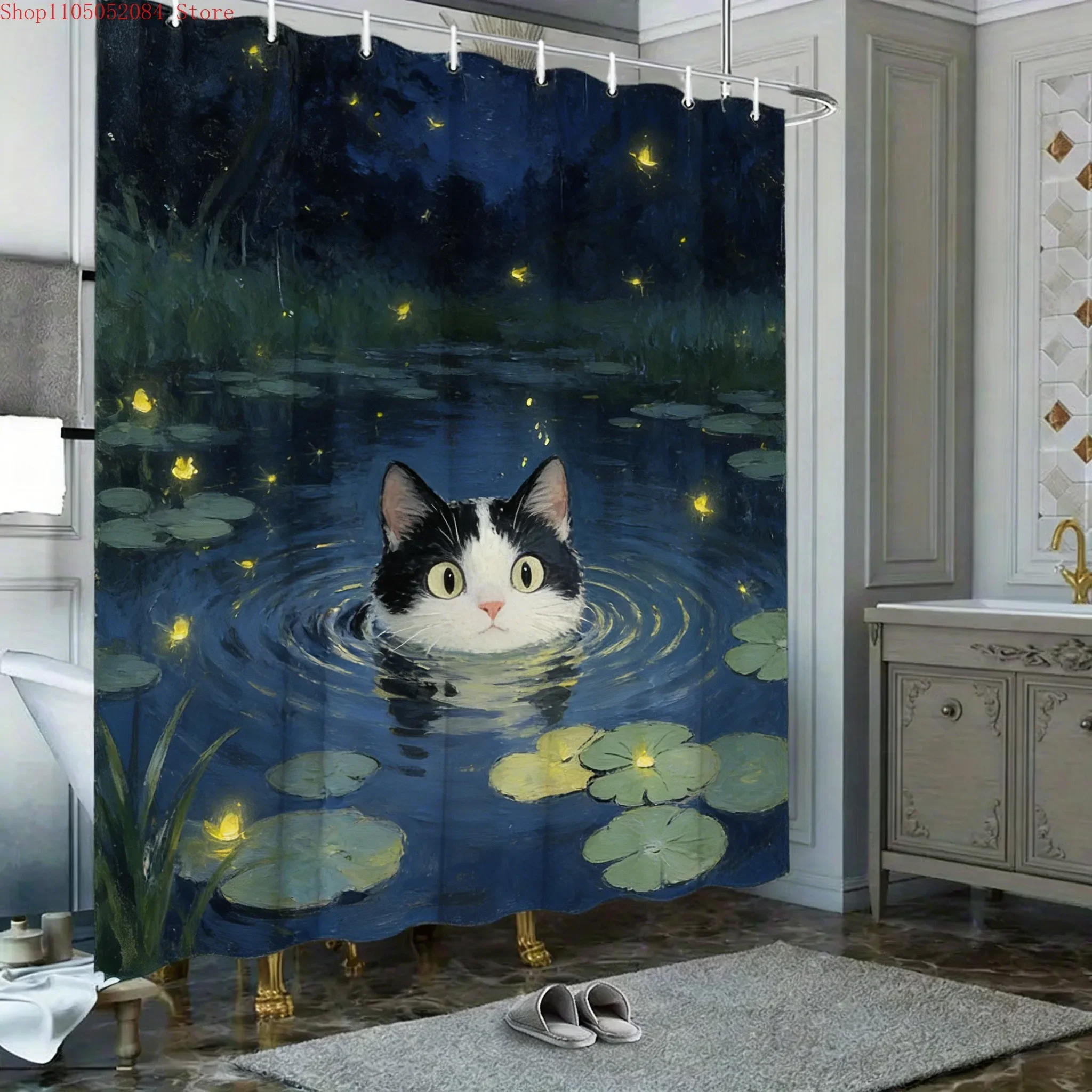 Oil Painting Black and White Cat in Pond with Water Lilies & Fireflies Waterproof Shower Curtain for Bathroom Decor