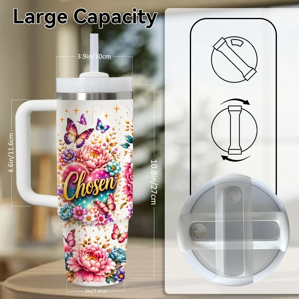Inspirational Faith Butterfly Vacuum Flasks 40oz Stainless Steel Insulated Tumbler with Handle Straw Lid Leakproof Travel Mug