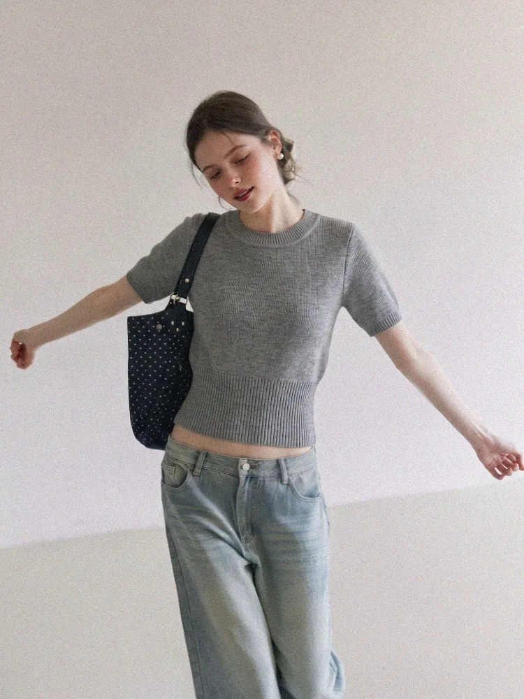 Korean gray ice silk knit short sleeve T-shirt Summer women's Tees early autumn New waist cinched Skinny inner layer bottom Tops