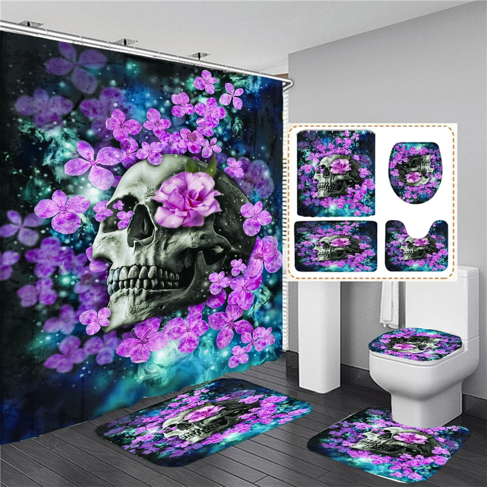 Black Skull Skeleton Printed Shower Curtain Set Horrible Halloween Festival Bathroom Decor Pedestal Rug Lid Carpet Toilet Cover