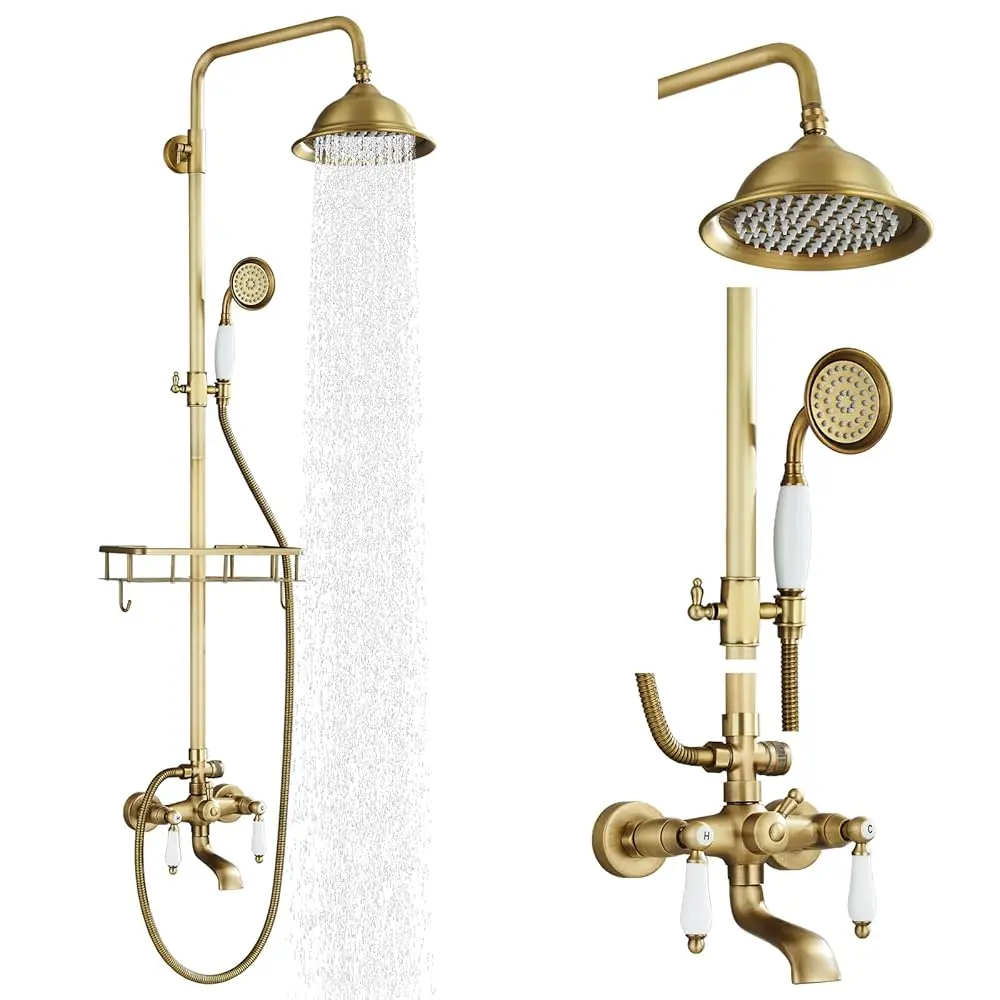 

Antique Brass Shower System Outdoor Shower Fixtures with 8 Inch Rain Shower Head and Double Cross Handles Bathroom Shower Fau
