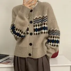 Fashion Spliced Button Geometric Loose Cardigan Sweaters Female Clothing 2023 Autumn Winter New Oversized Knitted Casual Tops