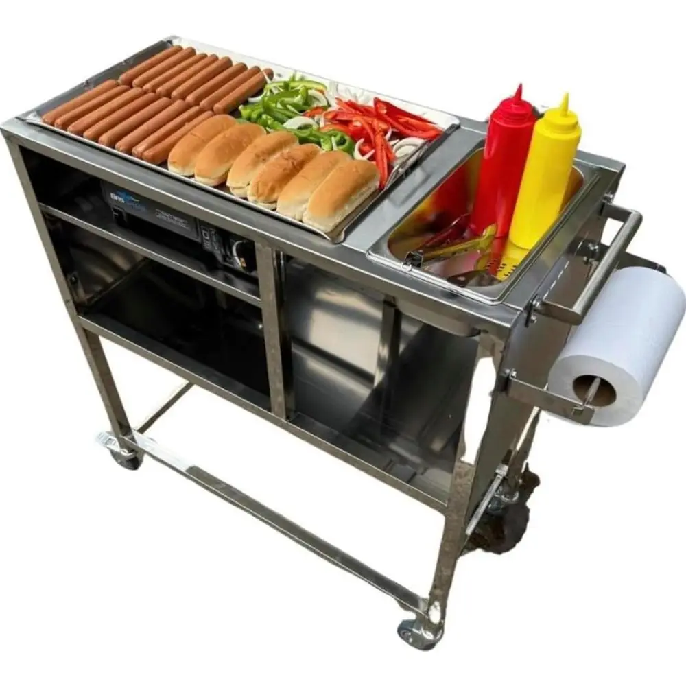 

Portable 4-Wheel Stainless Steel Hot Dog Cart with 20 Griddle, Propane/Butane, Outdoor Cover, Ideal for Street Food & Catering