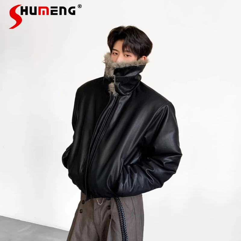 

Trendy Faux Fur Collar PU Leather Parkas Men 2025 Winter New Thickened Padded Warm Parkas Long Sleeve Handsome Solid Color Coats