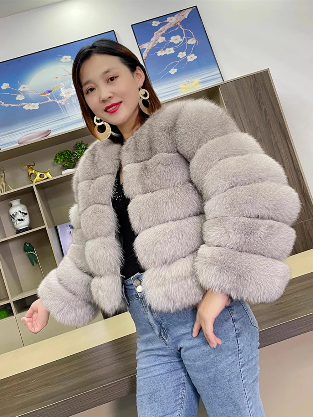 Real Fox Fur Short Jacket for Women, Female Luxury Winter Coat, Full Sleeves, Beige Natural Fox Fur, Cropped for Girls