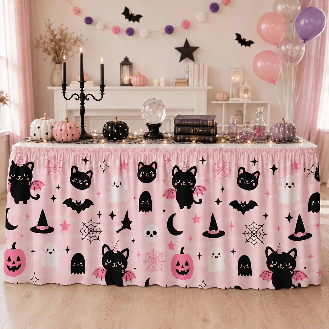 1 handmade pastel pink vintage cat unicorn table skirt tablecloth - suitable for Halloween tablecloth
