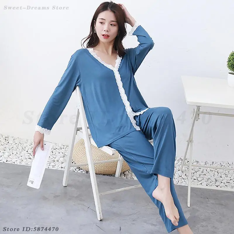 

Lace Edged Sweet Sleepwear Women's Home Wear 2025 Spring Summer Modal Pajamas Long Sleeved Shirt&Trouser Pijamas Suit Loungewear