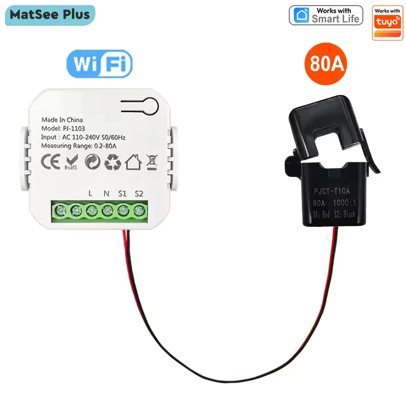 Smart WiFi Energy Monitor Power Meter with 80A CT Sensor Real-time Electricity Detector and Statistics AC110-240V 50/60Hz