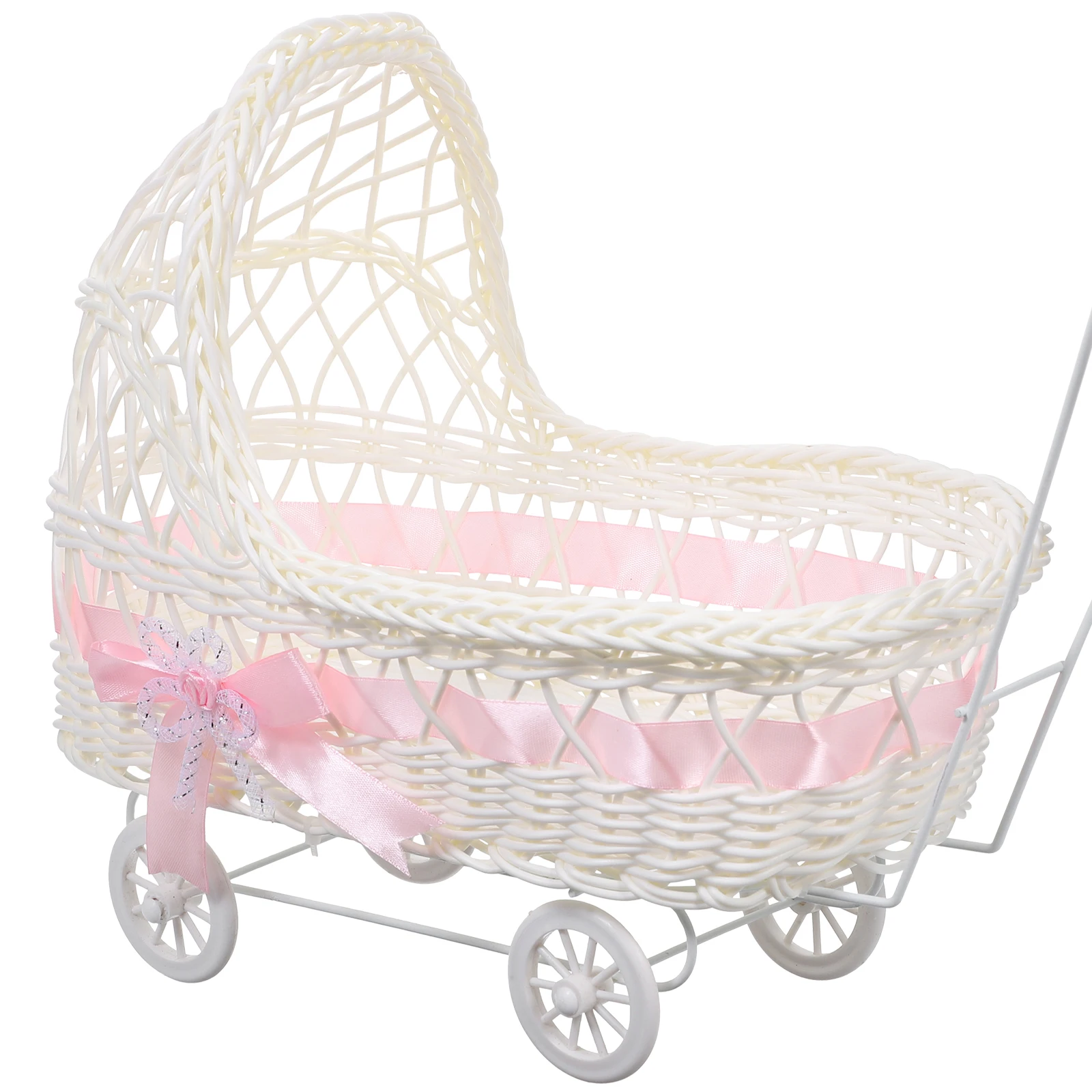 

Pink Imitation Rattan Trolley Shaped Baby Shower Gift Basket Multi Function Party Favor Storage Basket Cute Holder