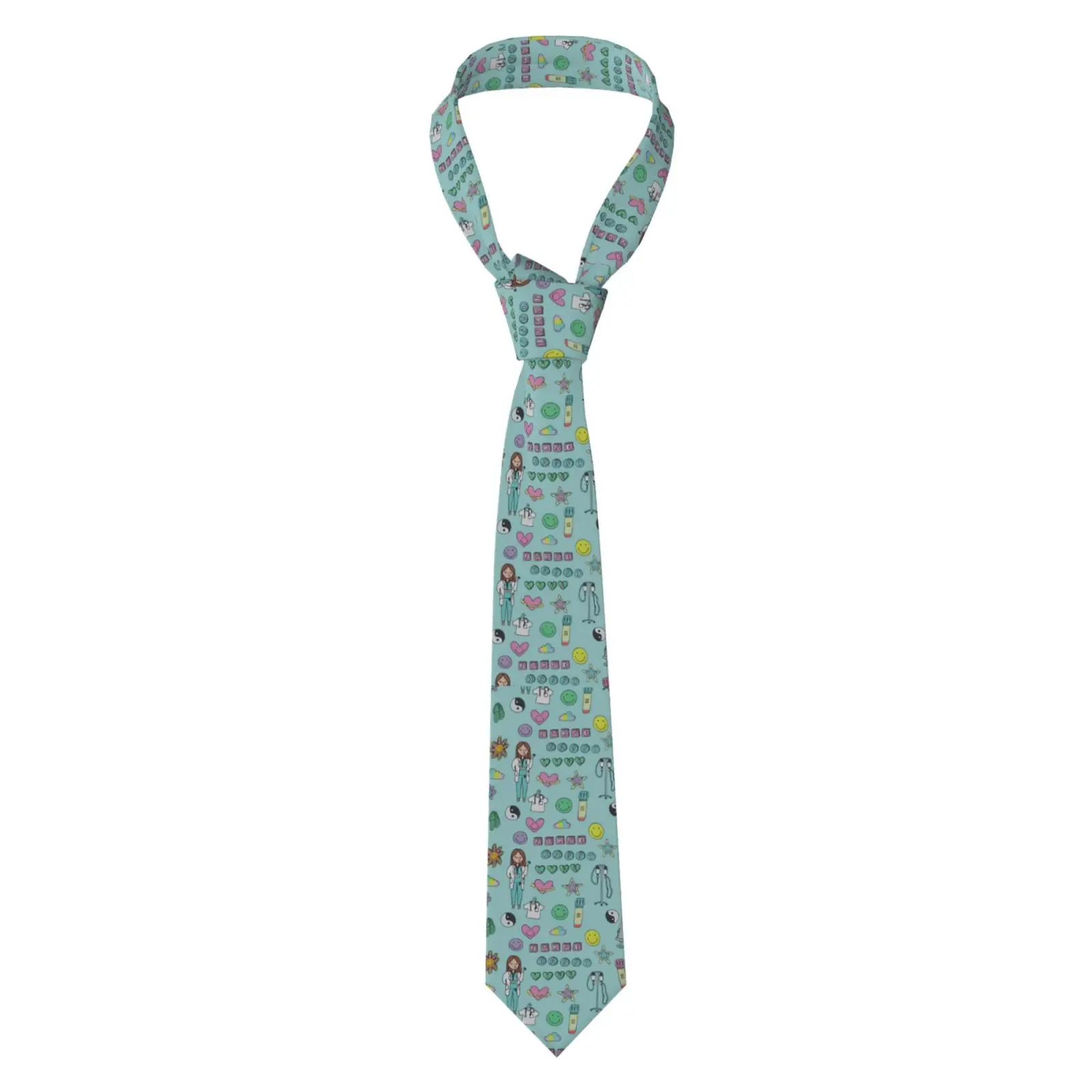 Cute Nurse Cartoon Print Men Necktie, Colorful Medical Character Heart Pattern Neck Tie for Hospital Work Party Formal Wear