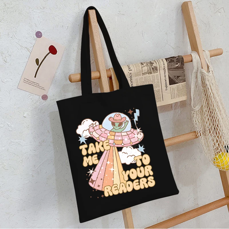 Take Me To Your Readers Fun UFO Print Handbags Women Men Cartoon Canvas Tote Bags For Read Club Gifts Bookworm Shoulder Bag