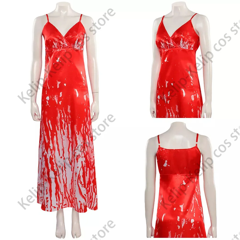 Carrie White Cosplay Costume Horror Movie Adult Women Girl Sexy Blood Red Slip Printed Dress Halloween Carnival Disguise Outfits