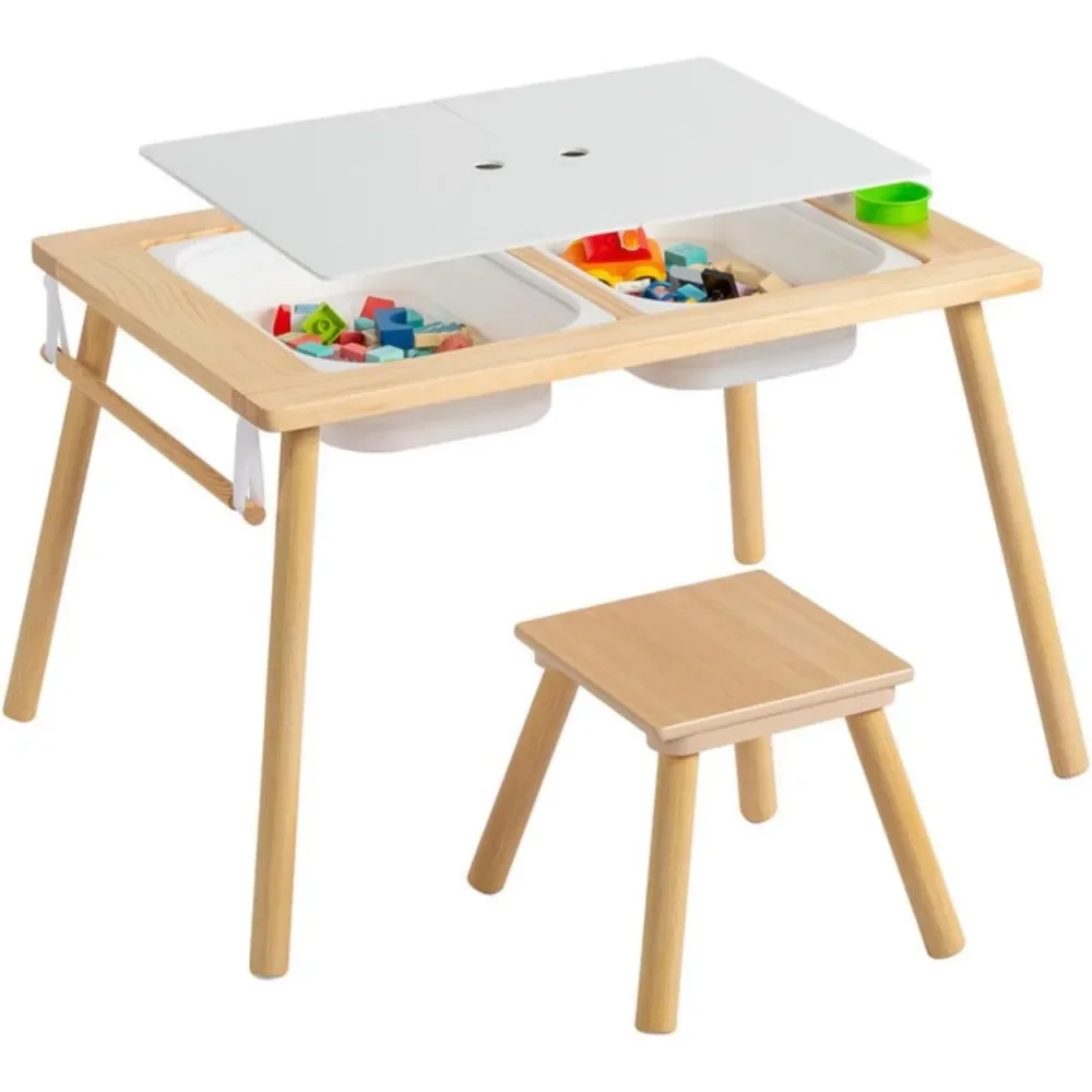 

Kids Table and Chairs, Activity Table with Storage, Wood Kids Desk Chair for Kids 1-3 Years Old, Craft Table, Playroom