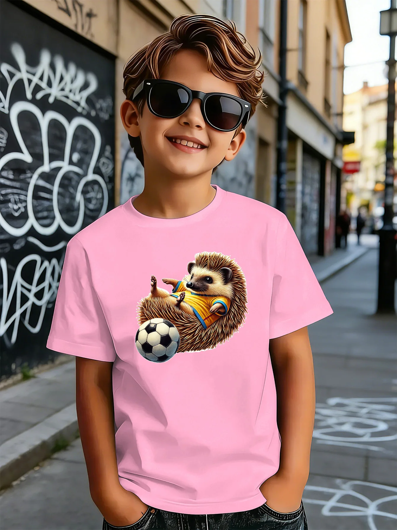 Hedgehog Playing Football Cartoon Kids T Shirt Boys Girls Short Sleeve Crew Neck Cotton Parent Matching Tops Toddler Youth