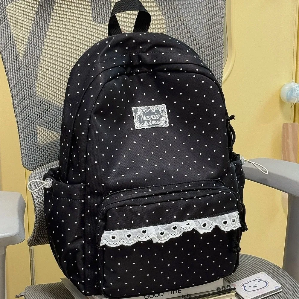 Fashion Polka Dot Travel Backpack with Lace Large Capacity Student Schoolbag Nylon Multi-pocket Laptop Daypack