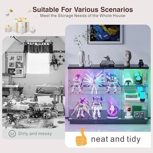 High Gloss Glass Display Cabinet with Lock & LED Light for Toys, White | Curio Cabinet with Human Body Sensor & Glass view 6