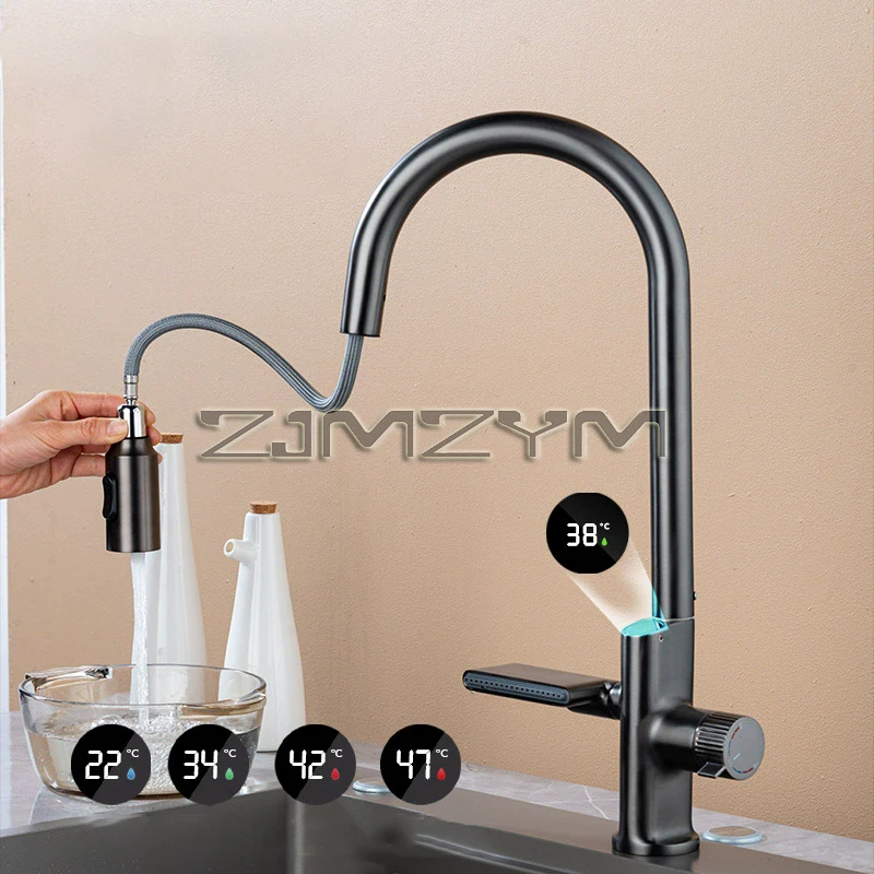 Kitchen Faucet Hot Cold Water Sink Mixer Tap Pull Out Stream Sprayer Waterfall Temperature Sensor Digital Display Kitchen Tap