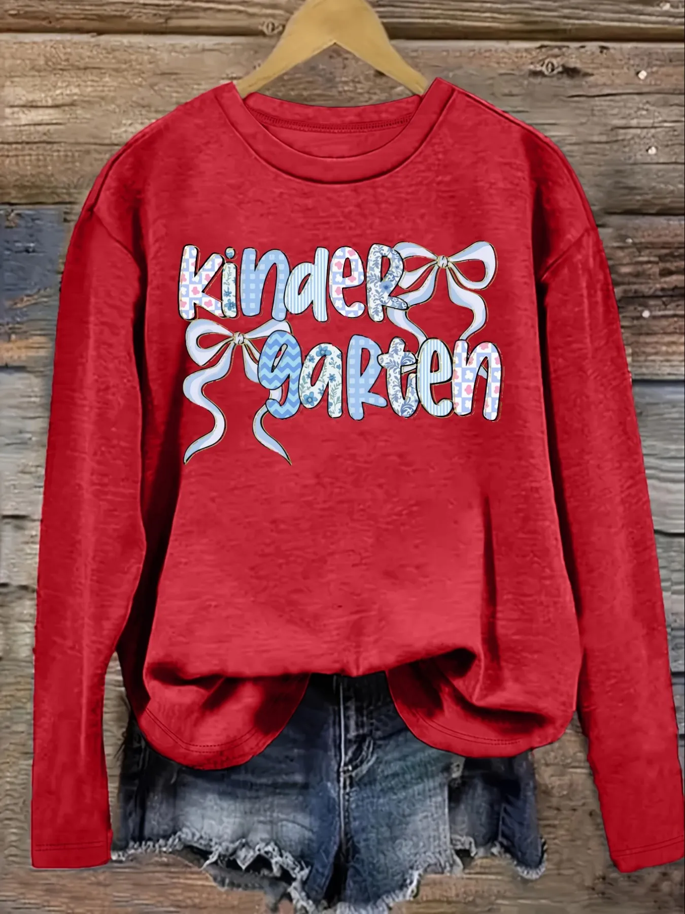 Women's Casual Long Sleeve Crew Neck T-Shirt Kindergarten Bow Pattern Print Design Design, Round Neck Women's Clothing, Machine Washable, Slightly Elastic, Loose Fit, Spring Autumn Winter Women's T-Shirt, Halloween Costume Outfit view 4