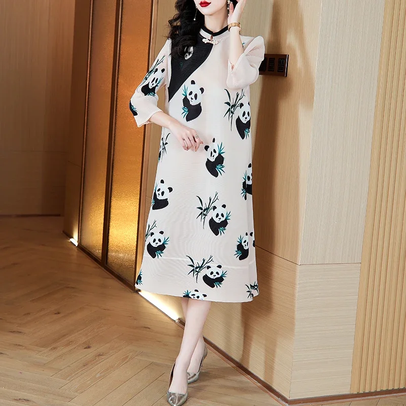 Miyake Dress Retro Middle Aged Mom Dress Female 2024 Autumn Style Temperament Reduced Age Panda Print Improved Cheongsam Dress