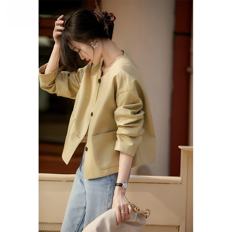 Chaqueta Corta de Piel de Cordero para Mujer KELE, Cuello Redondo Simple, Estilo Casual para Primavera y Otoño, Manga Larga