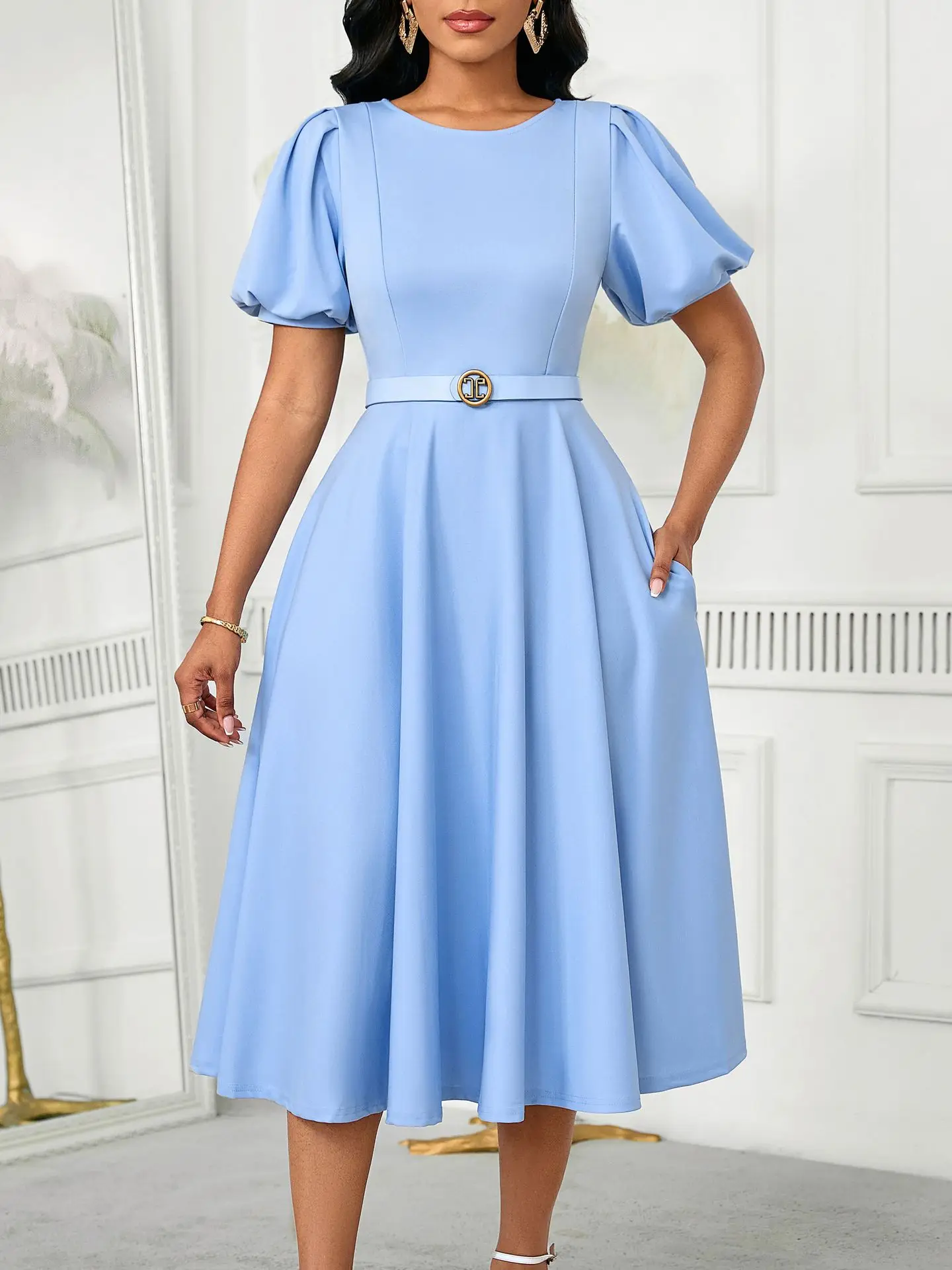 

Women's Elegant High-Waisted Puffed Sleeve Summer Dress 2025 Solid Color round Neck Large Skirt Hem Fashionable Casual Dress